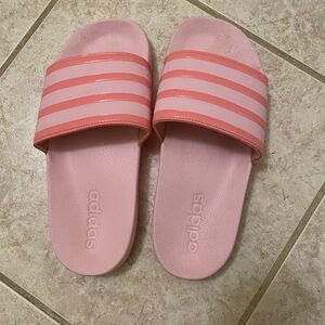 Adidas Pink Aqua Slides with Coral Striped Strap